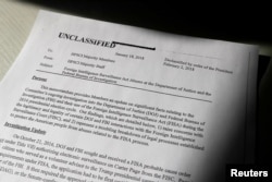 A copy of the formerly top secret classified memo written by House Intelligence Committee Republican staff and declassified for release by U.S. President Donald Trump is seen shortly after it was released by the committee in Washington, Feb. 2, 2018.