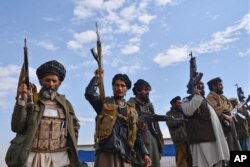 Afghan militiamen raise their weapons as they stand guard in the Achin district of Nangarhar province, Afghanistan, Dec. 27, 2015.
