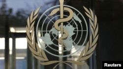 Logo Organisasi Kesehatan Dunia (World Health Organization/WHO) di kantor pusat WHO di Jenewa, Swiss, 22 November 2017.