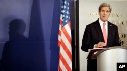 US Secretary of State John Kerry speaks during a press conference at the Council of Ministers building during a visit to Sofia, Bulgaria, Jan. 15, 2015.