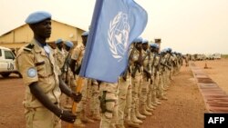 Senegalese peacekeepers belonging to the MINUSMA (he United Nations Multidimensional Integrated Stabilization Mission in Mali) line up ahead of the arrival of United Nation secretary-general, May 30, 2018 in Sevare.