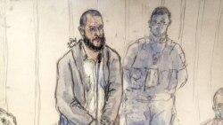 FILE - In this court sketch made Nov. 2, 2021, Salah Abdeslam, left, the prime suspect in the November 13, 2015, Paris attacks, attends the trial taking place in a temporary courtroom set up at the Palais de Justice of Paris.