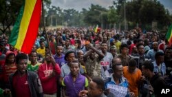 Thousands of protestors from the capital and those displaced by ethnic-based violence over the weekend in Burayu, demonstrate to demand justice from the government in Addis Ababa, Ethiopia Monday, Sept. 17, 2018. Several thousand Ethiopians have gone out onto the streets of the capital to protest ethnic-based attacks in the outskirts of the city in which more than 20 people died over the weekend. Banner in Amharic reads "The government should stop the attacks against our people."
