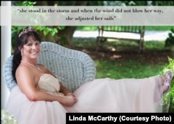 Linda McCarthy's photo of Cheryl Listman, like the other photographs in the Survivors project, includes a life-affirming phrase.