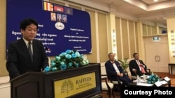 Japanese Prime Minister's national security advisor Kentaro Sonoura delivers a speech at a conference on Mekong subregion in Phnom Penh on March 23, 2018. (Cambodian Institute for Cooperation and Peace)