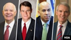 از راست سناتورها راب پورمن (جمهوریخواه)، کوری بوکر (دموکرات)،‌ تد یانگ (جمهوریخواه) و بن کاردن (دموکرات