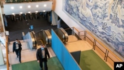 UN security enters the United Nations via the delegates entrance, Monday, Sept. 21, 2020, at United Nations headquarters. In 2020, which marks the 75th anniversary.