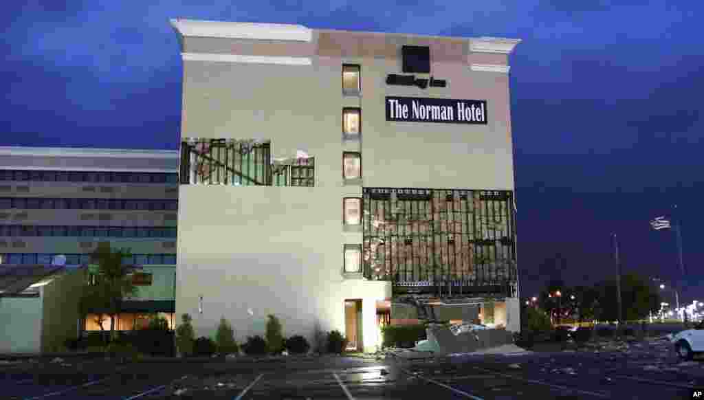 The tornado damaged the Norman Hotel, leaving debris in the parking lot, Norman, Oklahoma, May 6, 2015.