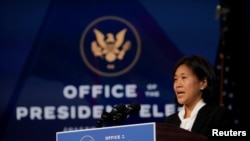 资料照片：被时为当选总统拜登提名为美国贸易代表的戴琪在一个新闻发布会上讲话。(2020年12月11日)