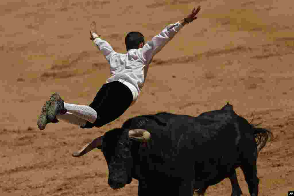 A &quot;recortador&quot; jumps over a bull during a &quot;recortadores&quot; festival at Las Ventas bullring in Madrid, Spain.