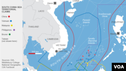 South China Sea territorial claims conflict at the Spratly and Paracel Islands.