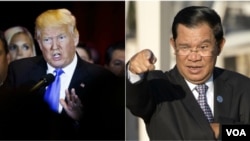 រូបឯកសារ៖ លោក Donald Trump (ឆ្វេង) ប្រធានាធិបតី​សហរដ្ឋ​អាមេរិក និង​លោក​នាយក​រដ្ឋ​មន្ត្រី​ហ៊ុន សែន។ (epa/AP)