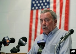 FILE - United Steelworkers Local 1999 President Chuck Jones speaks during a news conference in Indianapolis, Dec. 9, 2016.