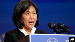 រូបឯកសារ៖ អ្នកស្រី Katherine Tai ដែល​លោក​ប្រធានាធិបតី Joe Biden បាន​តែងតាំង​ឲ្យ​កាន់​តំណែង​ជា​អ្នកតំណាង​ពាណិជ្ជកម្ម​ស.រ.អ ថ្លែង​នៅក្នុង​កម្មវិធី​មួយ​នៅ​ទីក្រុង Wilmington រដ្ឋ Delawarek កាលពី​ថ្ងៃទី១១ ខែធ្នូ ឆ្នាំ២០២០។