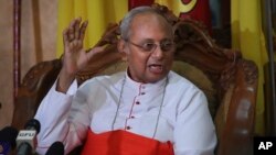 The archbishop of Colombo Cardinal Malcolm Ranjith addresses a press conference in Colombo, Sri Lanka, April 26, 2019.