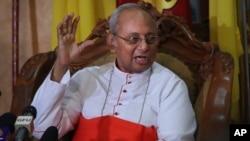 The archbishop of Colombo Cardinal Malcolm Ranjith addresses a press conference in Colombo, Sri Lanka, April 26, 2019.