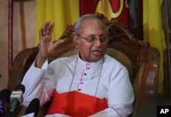 The archbishop of Colombo Cardinal Malcolm Ranjith addresses a press conference in Colombo, Sri Lanka, April 26, 2019.