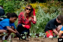 First Lady Melania Trump gardens with children at an event in the White House Kitchen Garden, 2017.