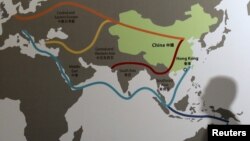 Map illustrating China's "One Belt, One Road" megaproject at the Asian Financial Forum in Hong Kong.