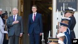 Sekretar za odbranu SAD Džejms Matis (levo) i britanski ministar odbrane Gavin Vilijamson pozdravljaju nacionalne himne tokom ceremonije dobrodošlice pred njihov sastanak u Pentagonu