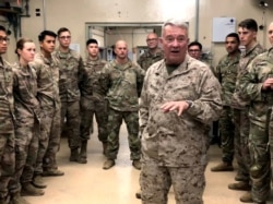 Marine General Kenneth "Frank" McKenzie, head of U.S. Central Command, speaks with U.S. troops while visiting Forward Operating Base Fenty in Jalalabad, Afghanistan, Sept. 9, 2019.