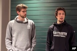 Dartmouth basketball players Cade Haskins, left, and Romeo Myrthil are shown in Hanover, N.H., Tuesday, March 5, 2024. Dartmouth basketball players vote Tuesday on whether to form a union.(AP Photo/Jimmy Golen)