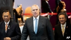 FILE - Britain's Prince Andrew, the Duke of York, arrives at ASEAN Business and Investment Summit in Nonthaburi, Thailand, Nov. 3, 2019.