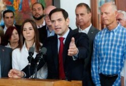 FILE - Sen. Marco Rubio, R-Fla., speaks to journalists May 3, 2019, in Doral, Fla.