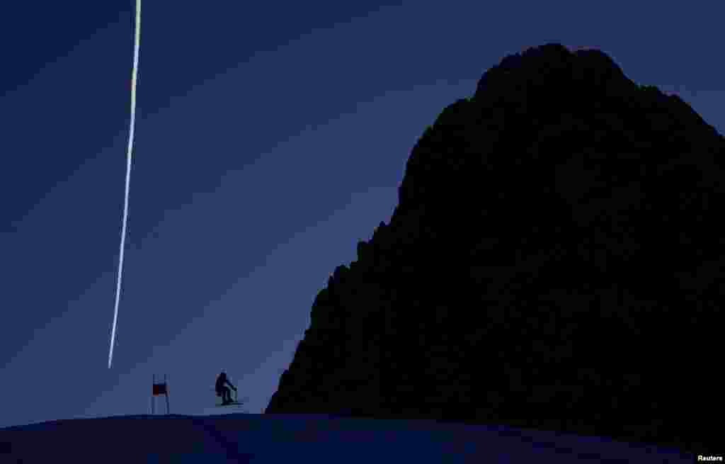 Kyle Negomir of the U.S. trains during the FIS Alpine Ski World Cup in Val Gardena, Italy.