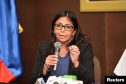 FILE - Venezuela's Foreign Minister Delcy Rodriguez speaks during a news conference in Cochabamba, Bolivia, Oct. 28, 2016.