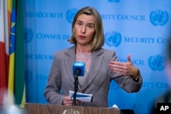 European Union foreign policy chief Federica Mogherini answers questions during a news conference following a European Union-hosted meeting about the Iran nuclear deal at United Nations headquarters, Sept. 20, 2017.