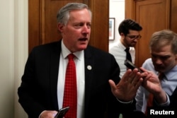 FILE - U.S. Representative Mark Meadows (R-NC) talks to reporters at the U.S. Capitol in Washington, Jan. 18, 2018.