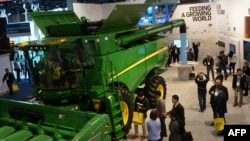 Farm equipment maker John Deere made its debut at the Consumer Electronics Show, Jan. 9, 2019, in Las Vegas with a connected combine harvester. It uses GPS, artificial intelligence and sensor technology to help improve yields.
