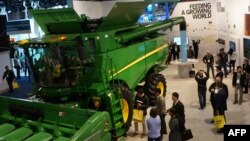 Farm equipment maker John Deere made its debut at the Consumer Electronics Show, Jan. 9, 2019, in Las Vegas with a connected combine harvester, described as an "intelligent factory on wheels." It uses GPS, artificial intelligence and sensor technology to 