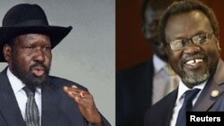 Le président sud-soudanais Salva Kiir et son vice-président Riek Machar lors d'un face à face à Addis Ababa le 29 janvier 2014.