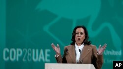 Makamu wa Rais wa Marekani Kamala Harris akizungumza katika Mkutano wa Hali ya Hewa wa Umoja wa Mataifa wa COP28, Jumamosi, Desemba 2, 2023, huko Dubai, Falme za Kiarabu. (Picha ya AP/Kamran Jebreili
