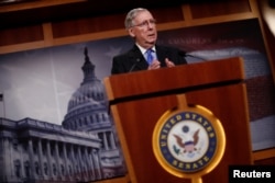 FILE - U.S. Senate Majority Leader Mitch McConnell, R-KY, speaks with the media at the U.S. Capitol in Washington, April 7, 2017.