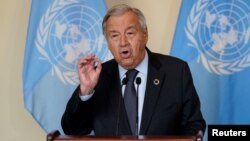 Antonio Guterres, Secretary General of the United Nations, speaks to reporters during the 76th Session of the U.N. General Assembly in New York, September 20, 2021. 