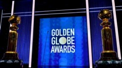 9일 미국 캘리포니아주 베벌리힐스 시내 골든글로브 시상식장에 트로피들이 설치돼있다.