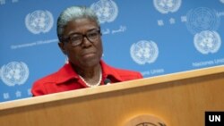 린다 토마스 그린필드 유엔주재 미국대사가 17일 뉴욕 유엔본부에서 기자회견을 했다.