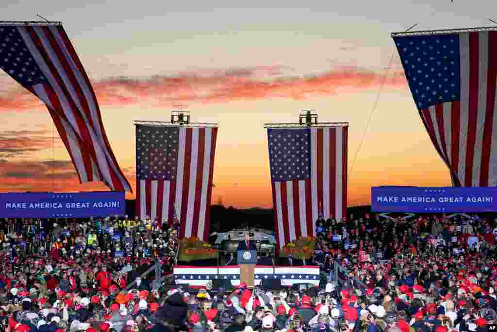 President Donald Trump addresses the crowd during a campaign stop, Oct. 31, 2020, at the Butler County Regional Airport in Butler, Pennsylvania.