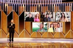 Actor Laura Dern presents the Best Supporting Actor award, in this handout photo from the 78th Annual Golden Globe Awards in Beverly Hills, California, Feb. 28, 2021.