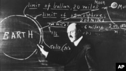 Dr. Robert H. Goddard at the blackboard at Clark University, Worcester, MA, in 1924. (AP photo)