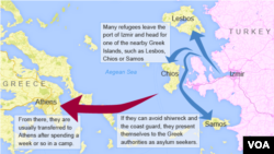 Map showing the route that many refugees take across the Aegean Sea to get to Europe