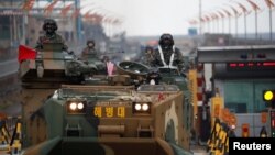 Amphibious assault vehicles of the South Korean Marine Corps travel during a military exercise as a part of the annual joint military training called Foal Eagle between South Korea and the U.S. in Pohang, South Korea, April 5, 2018.