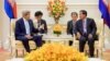 U.S. Secretary of State John Kerry, left, addresses Cambodian Prime Minister Hun Sen at the outset of a bilateral meeting at the Peace Palace in Phnom Penh, Cambodia, Jan. 26, 2016.