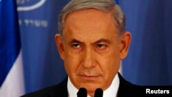 Perdana Menteri Israel Benjamin Netanyahu dalam konferensi pers di Kementerian Pertahanan di Tel Aviv (11/7).