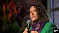 Colombian journalist Jineth Bedoya delivers a press conference in Bogota, October 19, 2021. 