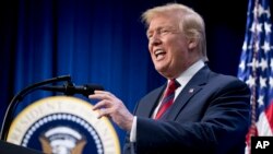 FILE - President Donald Trump speaks at an Opportunity Zone conference with state, local, tribal, and community leaders South Court Auditorium of the Eisenhower Executive Office Building, on the White House complex, April 17, 2019, in Washington. 