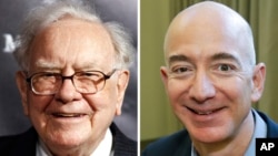 Combination of photos shows Warren Buffett on Sept. 19, 2017, in New York, and Jeff Bezos, CEO of Amazon.com, on Sept. 24, 2013, in Seattle. 